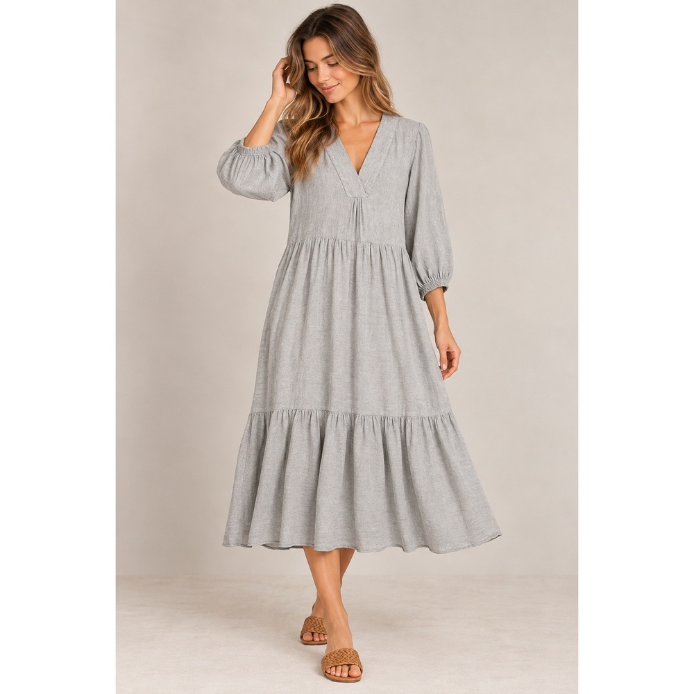 Zara Midi Dress Women Large Grey Tiered V-Neck Long Sleeve Relaxed Boho 44s